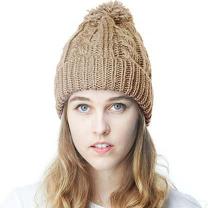 Women and Men Beanie Daily Winter Oversized Thick Stretchy Knitted Pom Pom Beanie Fleece Lined Beanie Hat - color: 1. Curly Khaki