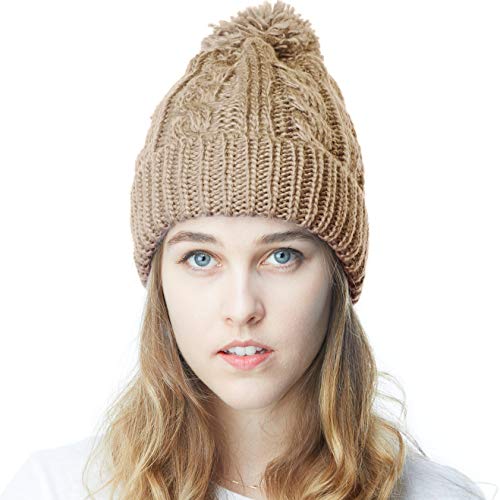 Women and Men Beanie Daily Winter Oversized Thick Stretchy Knitted Pom Pom Beanie Fleece Lined Beanie Hat - color: 1. Curly Khaki