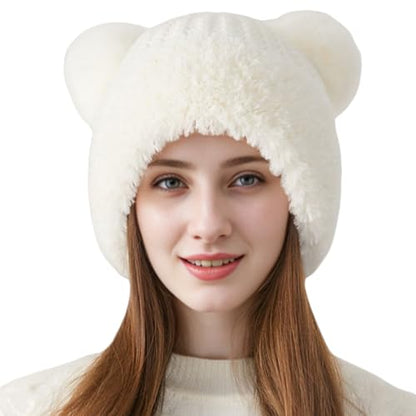 Womens Winter Knitted Beanie Hat with Double Faux Fur Pompom Fuzzy Warm Knit Ski Skull Cap for Women - color: White