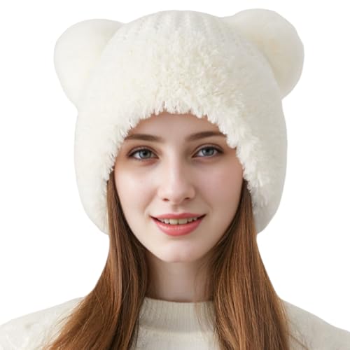 Womens Winter Knitted Beanie Hat with Double Faux Fur Pompom Fuzzy Warm Knit Ski Skull Cap for Women - color: White