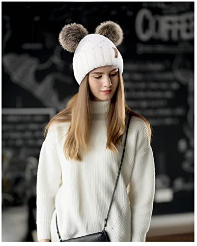 Arctic Paw Womens Winter Hat Cable Knit Beanie for Women Faux Fur Pompom Ears - color: White_grid