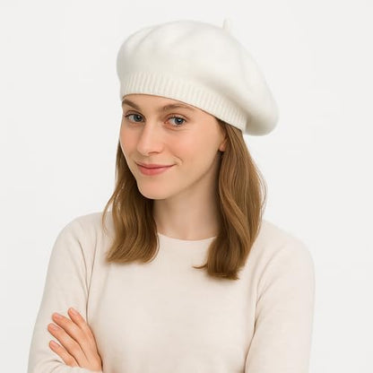 Yanmucy Beret Hat Women Girl, Fluffy Knitted French Beret Warm Classic Beanie Hats Cap for Ladies Men Winter Autumn - color: White