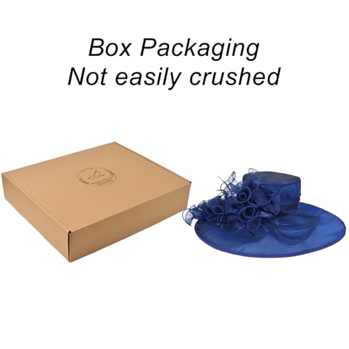 2026 Kentucky Derby Hat for Women Ladies, Organza Veil Feather Fascinator for Tea Party Church UV Protection Sun Hat - color: Classic Blue