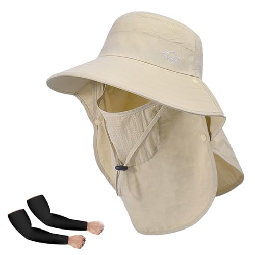Rosoz Sun Hat for Men Women with Neck Flap& Removable Face Cover Wide Brim - color: 1pack-beige/Arm Sleeves