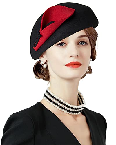 ORIDOOR Women Vintage 100% Wool Felt Flowers Bucket Cloche Bowler Hat Church Wedding Beret Hat - color: F01-black and Red