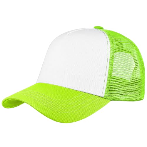 Falari 5-Panel Mesh Baseball Cap, Trucker Hat, Structured Plain Design, Cotton, Adjustable Size - color: 1pk Neon Green