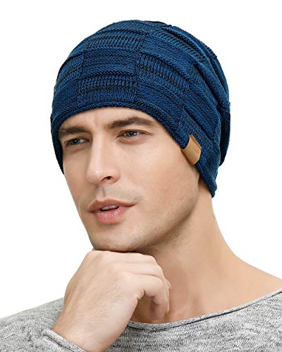 Vgogfly Slouchy Beanie for Men Winter Hats for Guys Cool Beanies Mens Lined Knit Warm Thick Skully Stocking Binie Hat Pairs - color: Blue / Wine Red