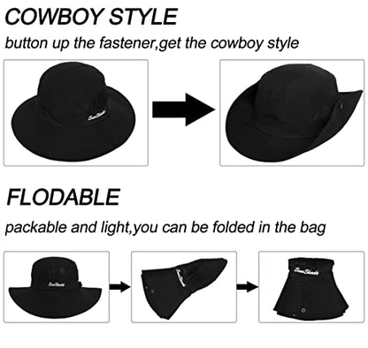 Women's Outdoor-UV-Protection-Foldable-Sun-Hats-Wide-Brim Hat Ponytail-Hole - color: Black
