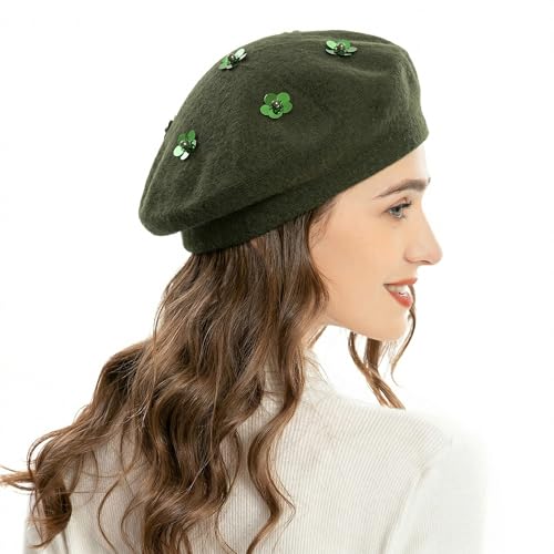 ZLYC Women French Beret Hat Reversible Knit Thickened Warm Artist Cap - color: Paillettes Army Green