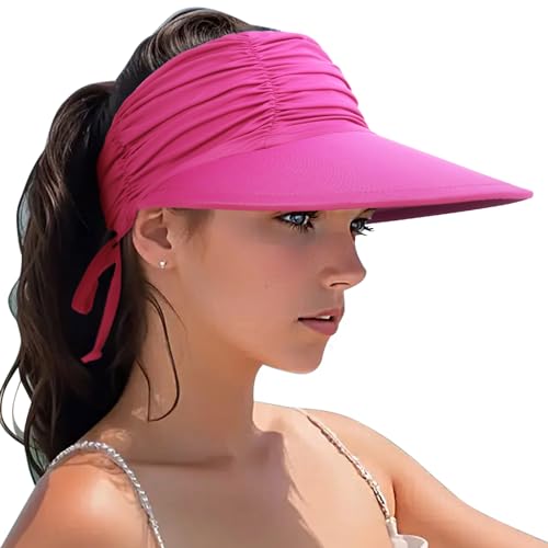 Women Visor Sun Hat Adjustable Foldable Wide Brim Sun Hats Summer UPF 50+ UV Protection Visor Cap for Outdoor Beach - color: Fuschia a