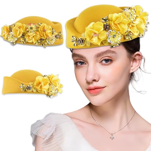 Women's Retro Stewardess Felt Hat, British Berets, Rhinestone Flower Decor, Ladies' Church Derby Hat - color: Yellow