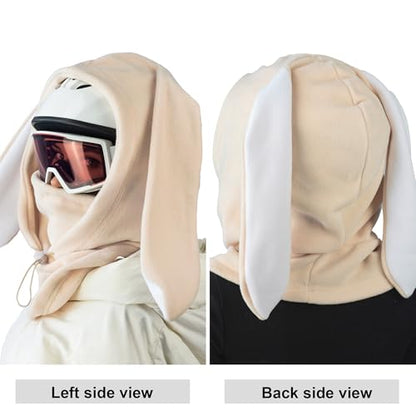 Fleece Balaclava Over Helmet - Warm Helmet Ninja Hood - Snowboard Hooded Hat Neck Gaiter Ski Mask - color: Sand&white|bunny, size: One Size