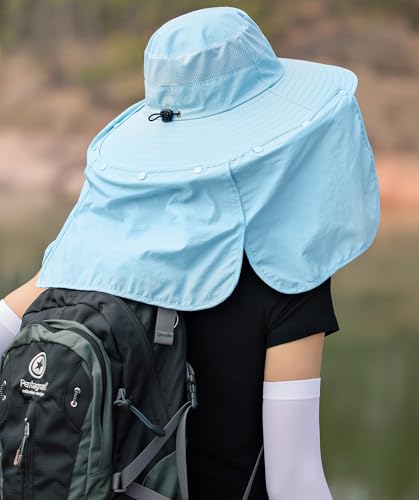 HUAMULAN Women Men Wide Brim Sun Hat Hiking Fishing Hats with Neck Flap - color: Blue With Mesh Panel