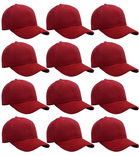 Falari Wholesale Bulk Lot 12-Pack Baseball Cap Adjustable Size Plain Blank Solid Color - color: Burgundy
