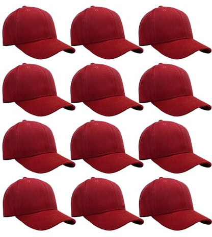 Falari Wholesale Bulk Lot 12-Pack Baseball Cap Adjustable Size Plain Blank Solid Color - color: Burgundy