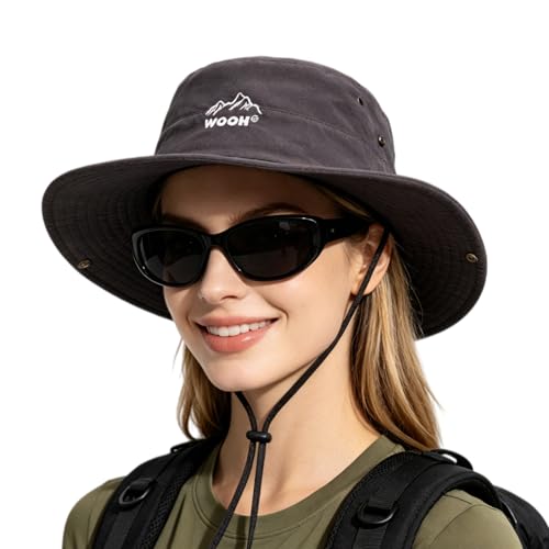 WOOH Sun Hats for Women,UPF80+ Wide Brim Foldable Bucket Hat with Adjustable Chin Strap,Summer Hat for Beach Hiking Gardening - color: Grey