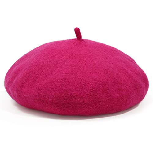 Women French Wool Beret Hats - Solid Color Classic Beanie Winter Cap - color: Rose