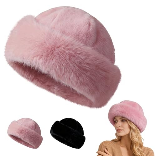 Womens Winter Faux Fur Bucket Hat,Warm Plush Fluffy Furry Mink Hats - color: Pink
