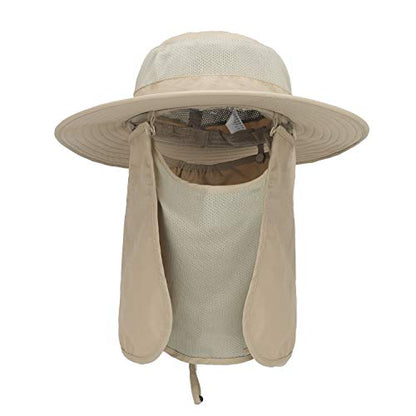 Outdoor Sun Hat UPF 50 Protection Waterproof Fishing hat Face Cover Summer Neck Flap Hat - color: Kakhi
