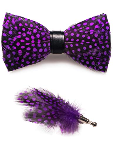 RBOCOTT Handmade Feather Pre-tied Bow tie and Brooch Sets for Men - color: Purple