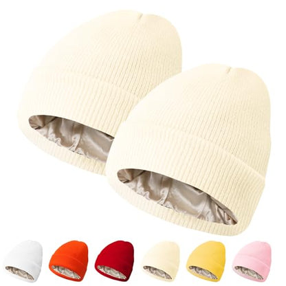 PFFY Womens Satin Lined Beanie Silk Lining Winter Hats Beanies for Women - color: Solid Beige+ Solid Beige