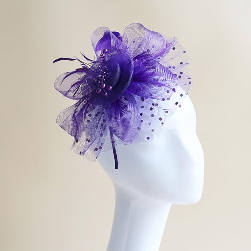 WLBON Fascinators Hat 20s 50s Headband Hair Clips Flower Mesh Veil Feather Headpiece Headwear Women Halloween Carnival Cocktail Wedding Church Cosplay Dress Up Birthday Tea Party Accessories Purple - color: Purple Tone