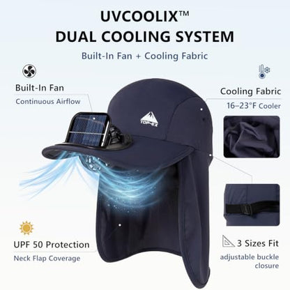 TOP-EX UVCoolix™ Cooling Neck Flap Baseball Sun Cap with Solar Fan - color: Navy Blue, size: Medium-Large