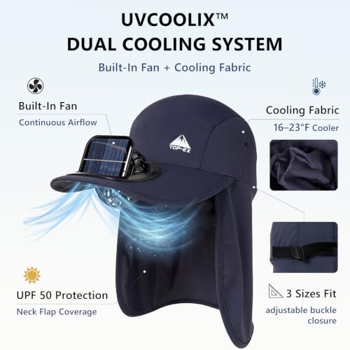 TOP-EX UVCoolix™ Cooling Neck Flap Baseball Sun Cap with Solar Fan - color: Navy Blue, size: Large-X-Large