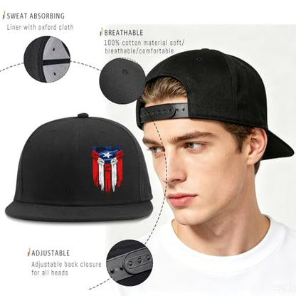Pineapple Hat Flat Bill Baseball Hats for Men Fashion Black Baseball Cap for Women Adjustable Flat Brim Trucker Hat - color: Puerto Rico Flag