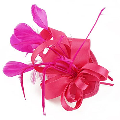 Kentucky Derby Fascinators for Women High Tea Party Hat Wedding Cocktail Flower Headware with Mesh and Feathers - color: Y-rose