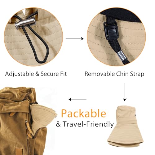 Wide Brim Waterproof Bucket Rain Hat for Women Men UPF50+ Cowboy Sun Hat - color: Ponytail Khaki
