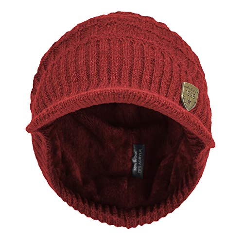Women's Soft Knitting Visor Beanie Winter Hat with Brim Fleece Lining Baseball Cap - color: Red