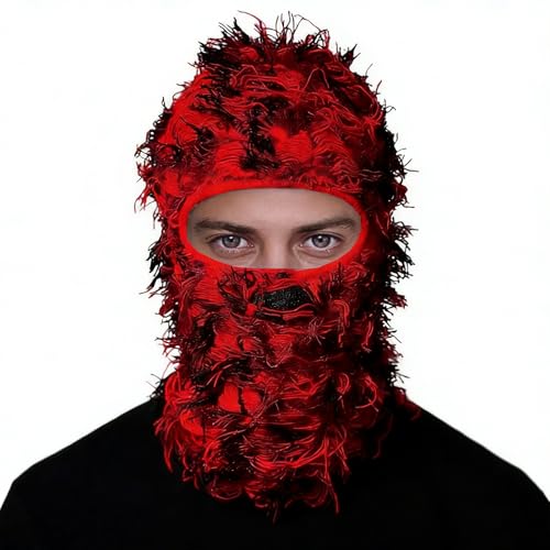 Distressed Ski Mask Balaclava, Yeat Shiesty Knitted Full-Face Mask - color: Redblack