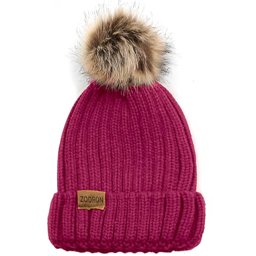 ZOORON Womens Winter Knitted Beanie Hat with Faux Fur Pom Beanie Warm Knit Skull Cap Beanie for Women - color: 1rose Red