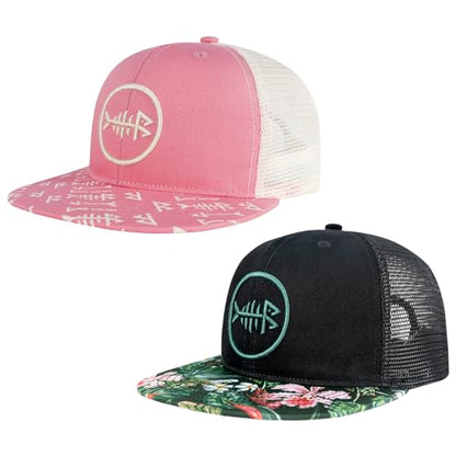BASSDASH 2 Pack Flat Brim Trucker Cap Adjustable Snapback Hat Mesh Back for Men Women Fishing Hunting - color: Pack of 2, Pink & Black/Tropical Flower