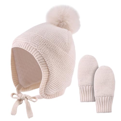 JANGANNSA Basic Winter Baby Beanie Gloves Boy Girl Knitted Kids Hat Mitten - color: Beige Hat+gloves No Thumb, size: 0-6 Months
