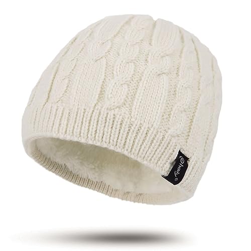 Winter Warm Beanie Hat for Women Men, Thick Cable Knit Cuffed Beanie - color: Cream