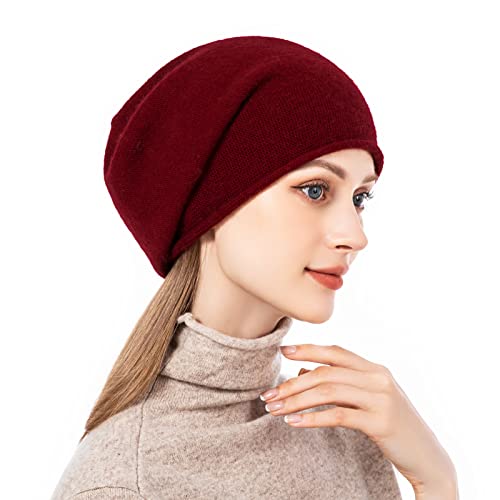 Knit Slouchy Beanie Hats for Women Cashmere Ski Cap Knitted Wool Soft Warm Winter Hat - color: A03-burgundy