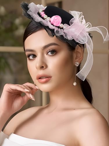 Bohend Fascinator Hat for Women Pearl Rose Hair Clip Delicate Lace Cocktail Tea Party Hats Costume Hair Accessory - color: Black-pink
