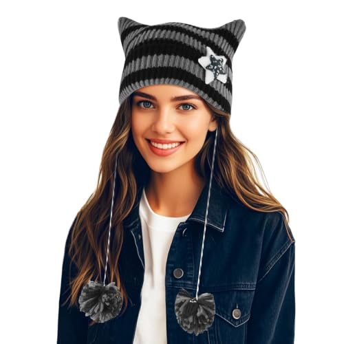 DOCILA Winter Beanie Hat for Women Warm Fleece Lined Pom Knit Earflap Hats Cute Outdoor Snow Ski Skull Cap - color: Cat Ear-grey