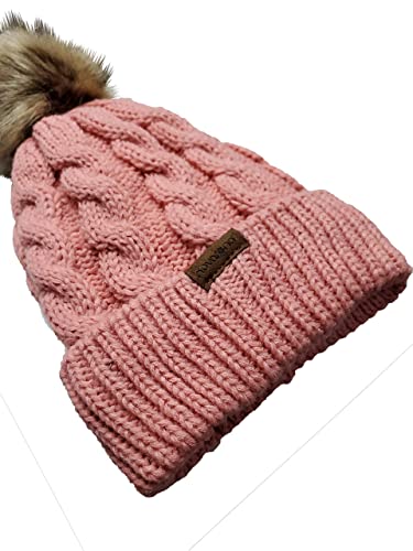 Novarena Thick Cable Knit Faux Fuzzy Fur Pom Fleece Lined Skull Cap Cuff Beanie - color: Coral Pink Pom Beanie