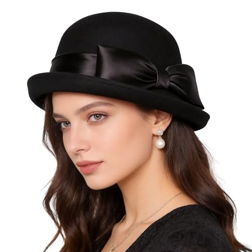 Women Solid Color 100% Wool Winter Hat Women Cloche Bucket Bowler with Bowknot - color: Black 1