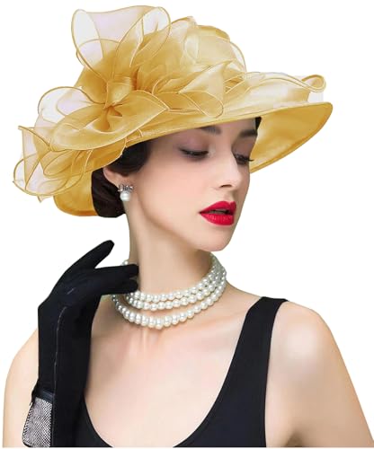 Organza Fascinator Hat - Women’s Wide Brim Church Bridal Tea Party Wedding Hat - color: 01a-golden
