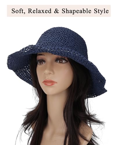Womens Crochet Straw Sun Hat Foldable Floppy Wide Brim Beach Hat for Summer - color: Dark Blue
