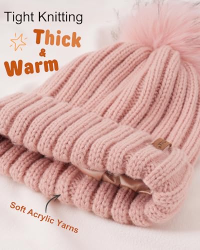 FURTALK Toddler Beanie Satin Lined Baby Boys Girls Winter Hats Pom Pom Beanies for Kids - color: Tender Pink, size: 3-24 Months