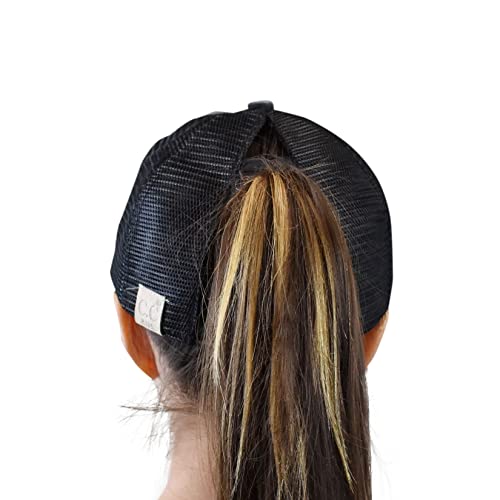 C.C. Childrens' Kids' Girls' Criss Cross High Bun Adjustable Mesh Trucker Baseball Cap - color: Bee Happy, Black