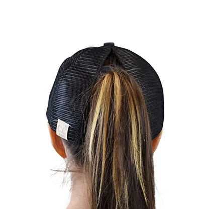 C.C. Childrens' Kids' Girls' Criss Cross High Bun Adjustable Mesh Trucker Baseball Cap - color: Bee Happy, Black