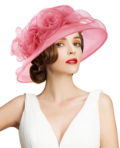 Women's Kentucky Derby Church Dress Hat Wide Brim Leaf Flower Bridal Shower Hat - color: A5-rose
