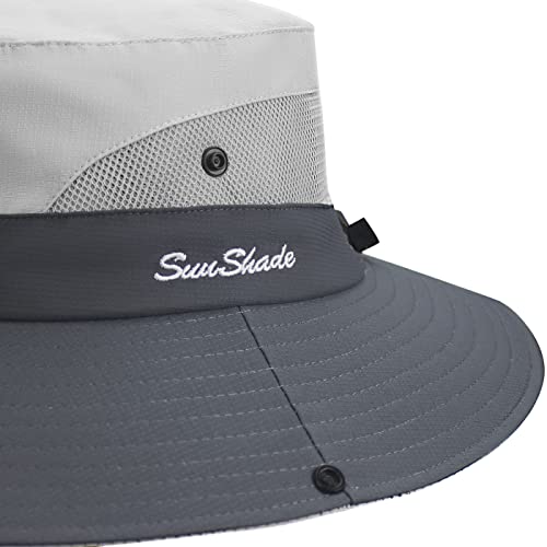 Muryobao Women's Ponytail Sun Hat UV Protection Foldable Mesh Wide Brim Beach Fishing Hat - color: Light Grey