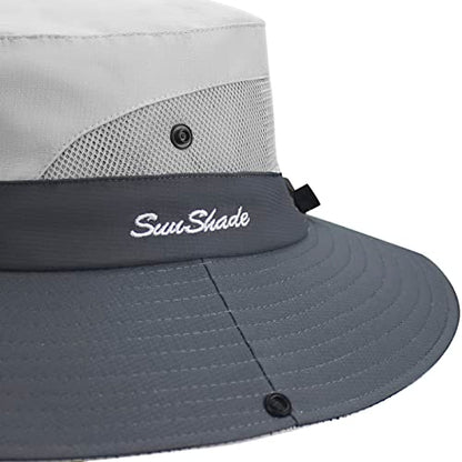 Muryobao Women's Ponytail Sun Hat UV Protection Foldable Mesh Wide Brim Beach Fishing Hat - color: Light Grey